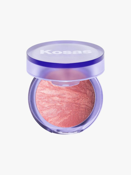 Kosas Blush is Life in a translucent purple compact with pink marble powder blush inside, on an off-white background
