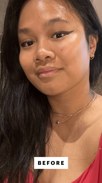A selfie of Allure senior editor Jesa Marie Calaor before applying Armani Beauty Luminous Silk Cheek Tint in Flaming Red
