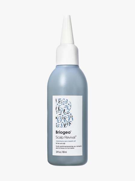 Briogeo Scalp Revival Rosemary Pre-Wash Scalp and Hair Oil blue bottle with white pointed cap on light gray background