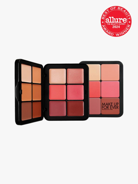 Make Up For Ever HD Skin Face Essentials Palette in black components in multiple shades on a light gray background with red Allure Best of Beauty seal in the top right corner